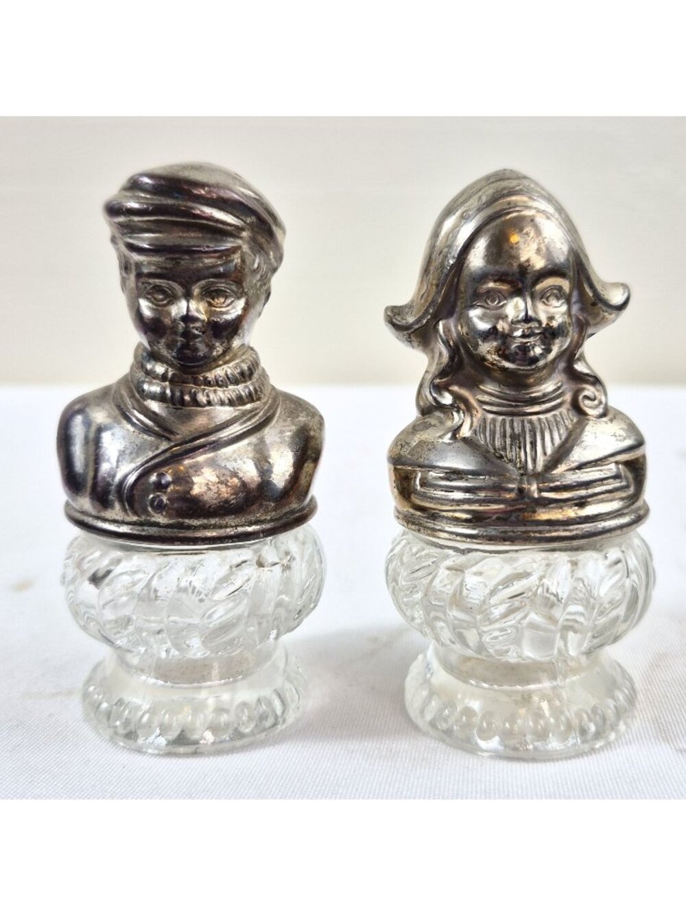 Vintage Heavy Silver Plate Victorian Bust Salt & Pepper Shakers Glass Base